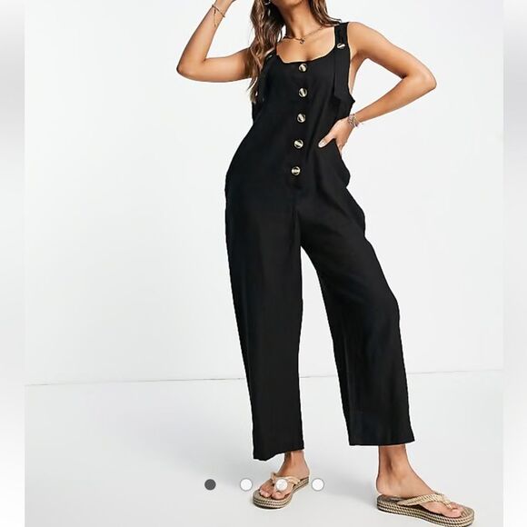 ASOS Linen Button Strap Jumpsuit Size 6 Black Boho Lightweight Pockets Lagenlook - Picture 1 of 16